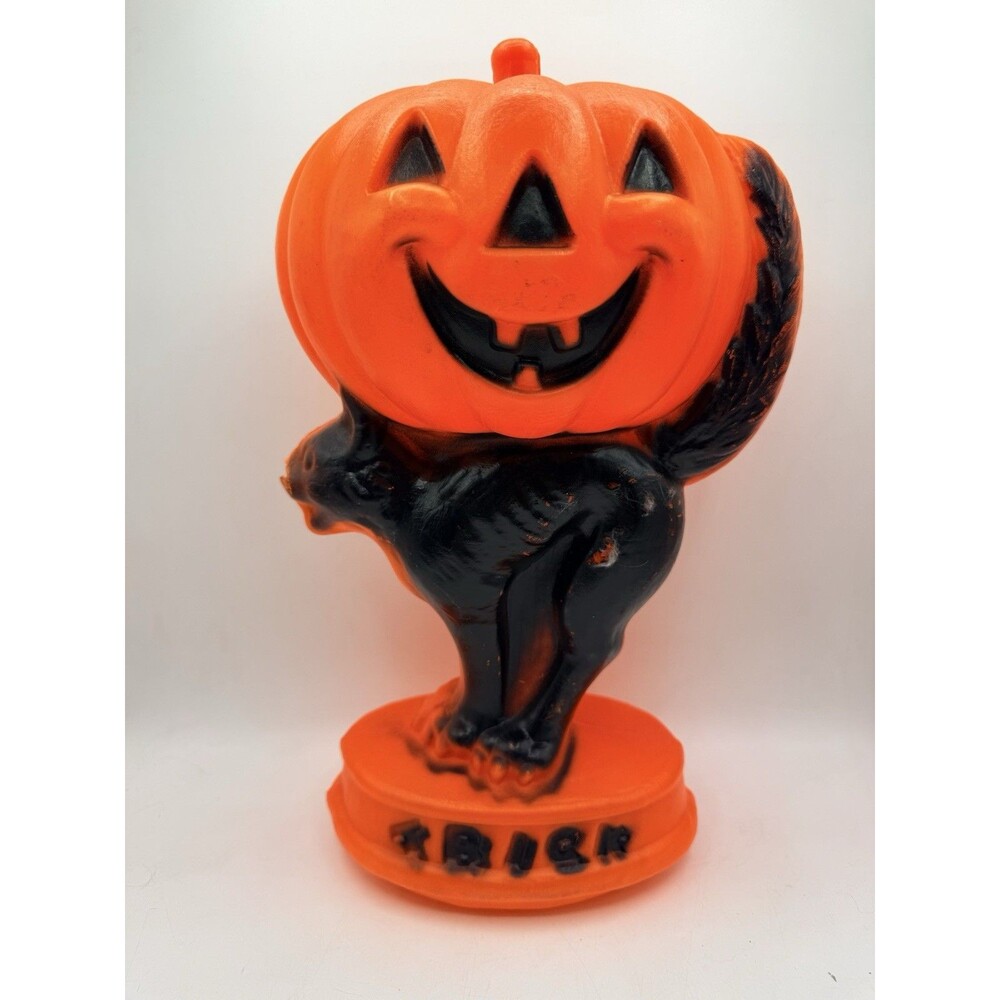Vintage Pumpkin Jack-O-Lantern Black Cat Trick Treat Blow Mold Halloween 14"